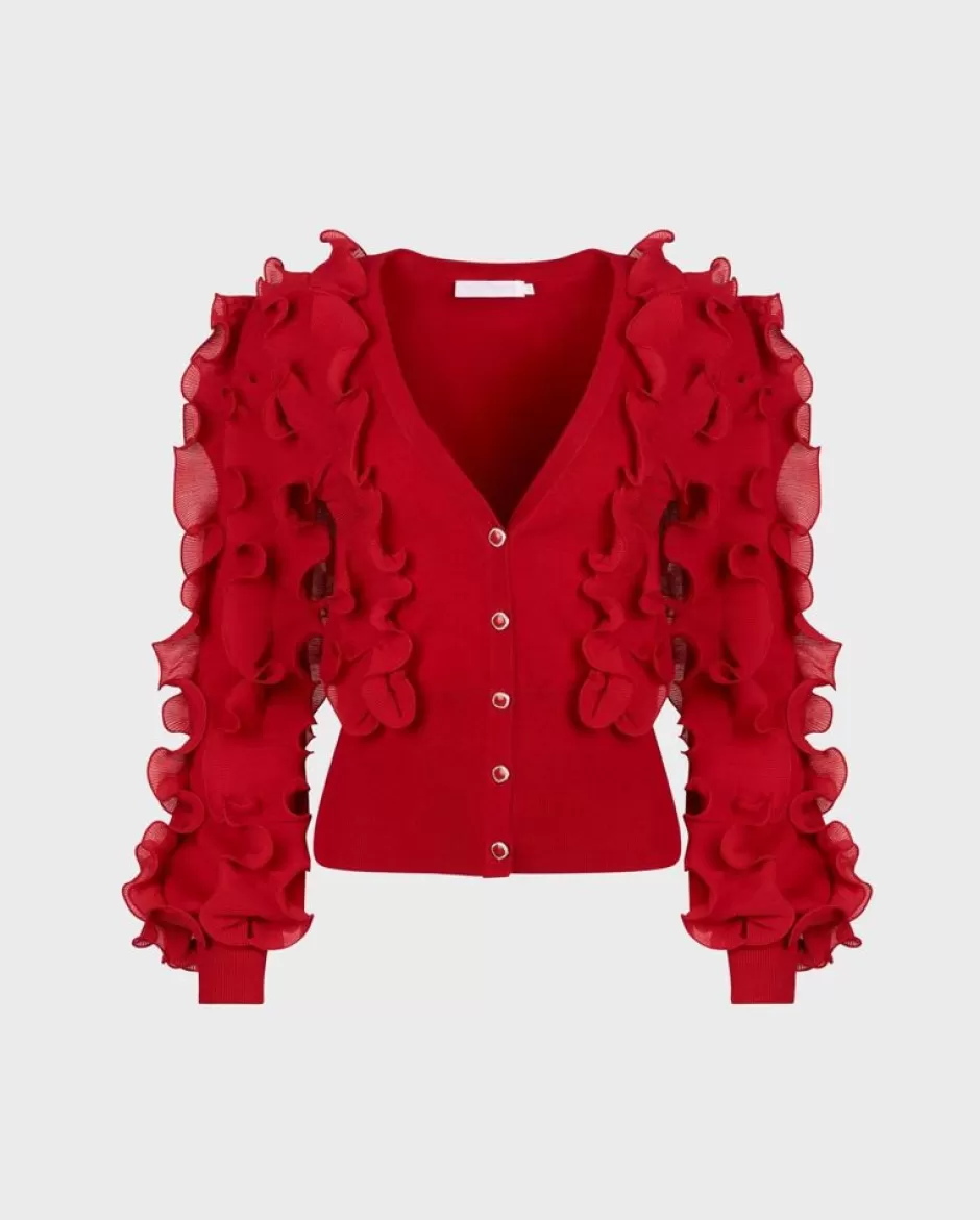 Anne Fontaine Knitwear*Fitted V-Neck Cardigan With Ruffles & Long Sleeves Red