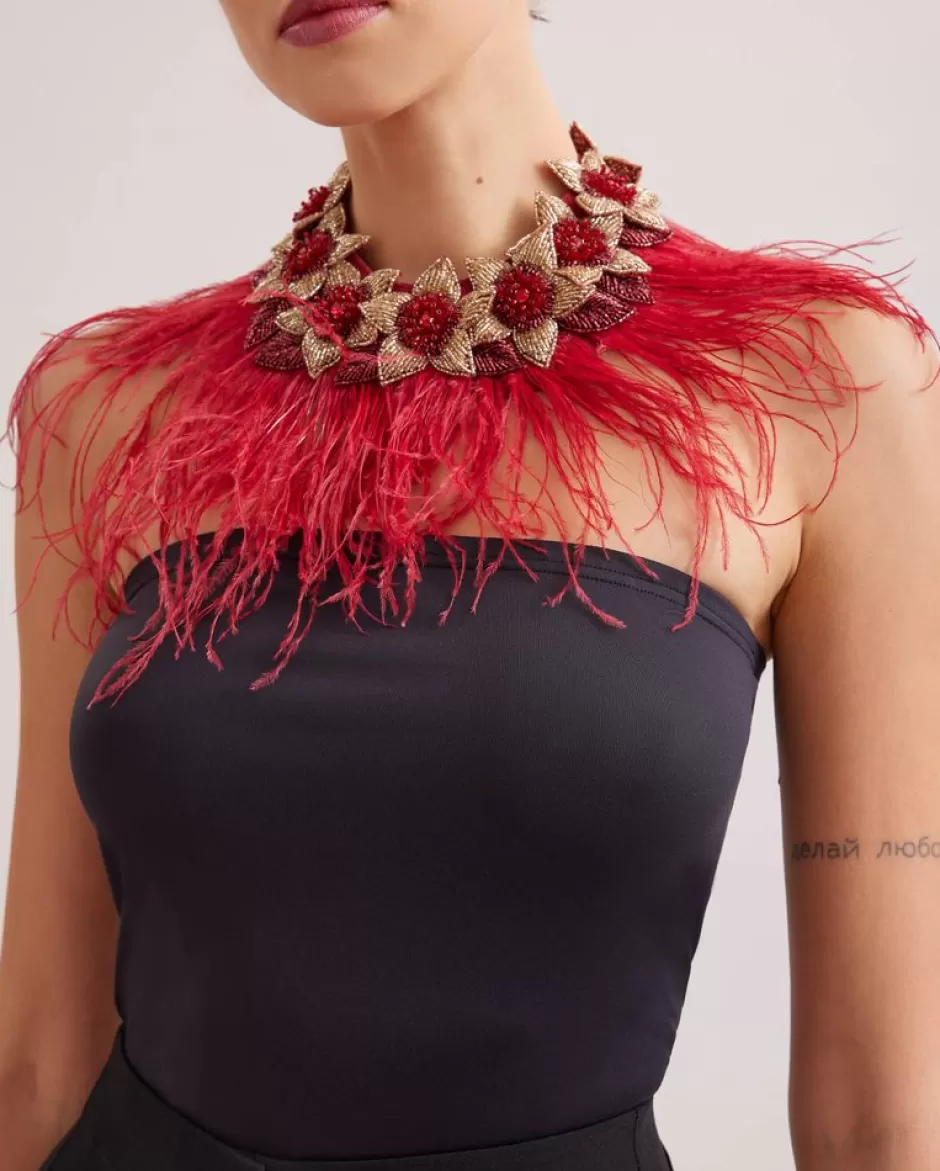 Anne Fontaine Collars*Floral Collar Necklace With Red Ostrich Feathers