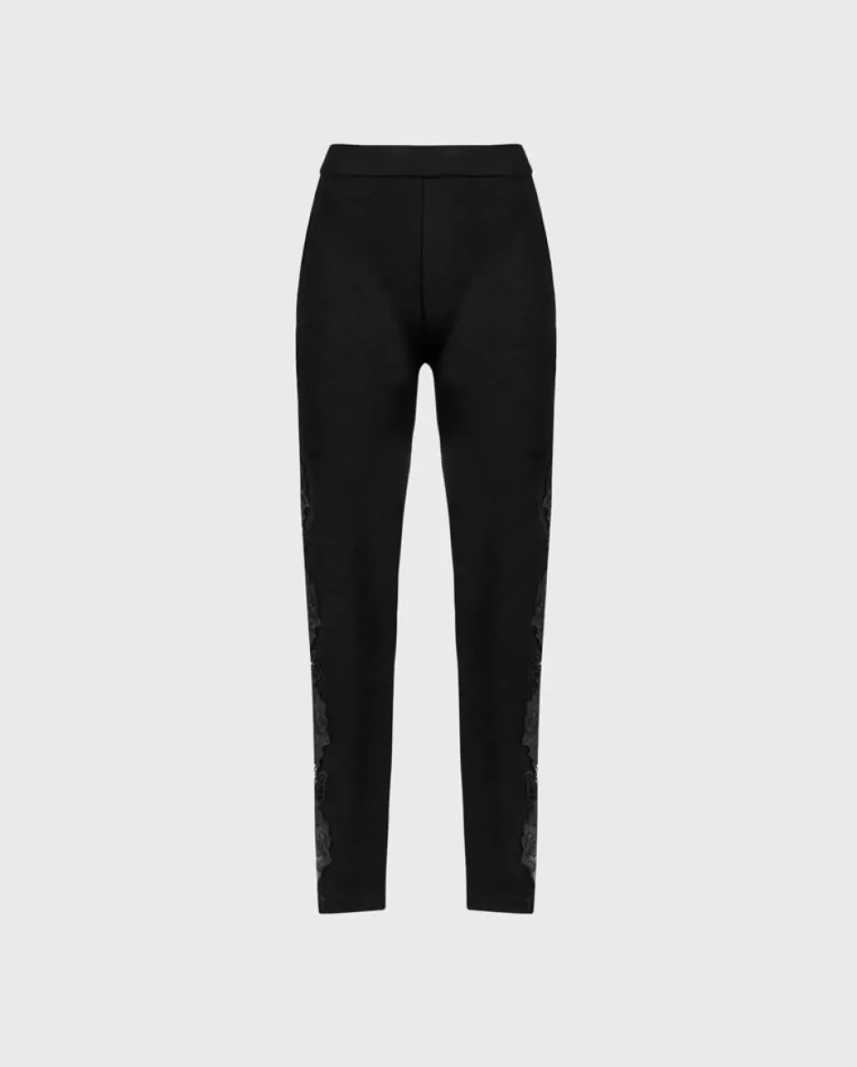 Anne Fontaine Bottoms*Full-Length Legging With Vertical Rose Appliques Black