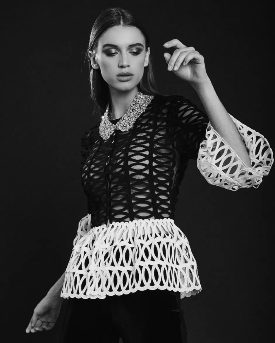 Anne Fontaine Shirts & Blouses*Geometric Peplum Net Blouse In Black And White Black/White