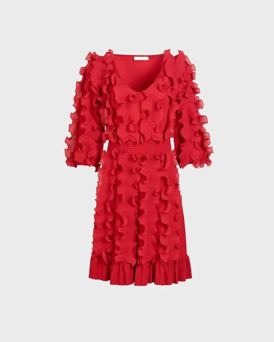 Anne Fontaine Dresses*Half-Sleeve Knit Dress With Allover Ruffles Red