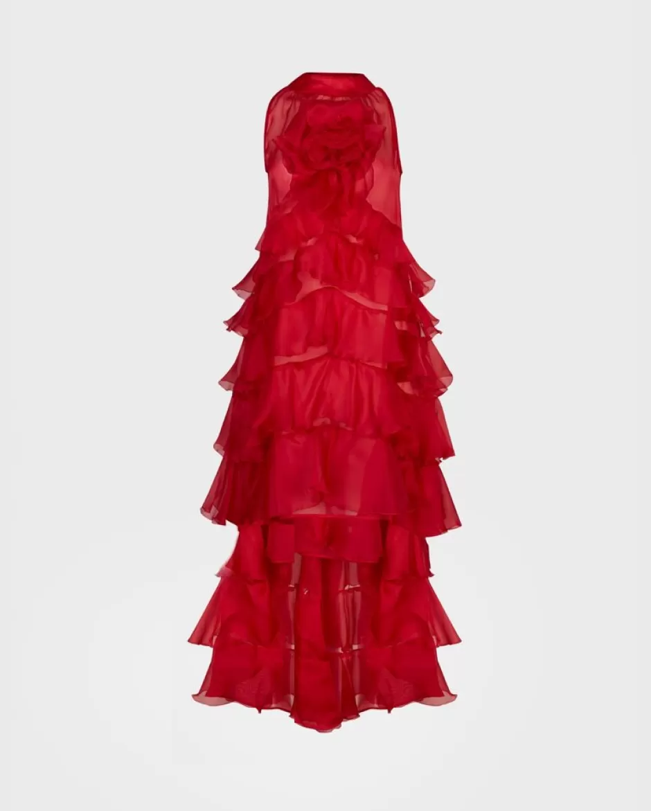 Anne Fontaine Dresses*High-Low Ruffle Dress In Red Organza Silk With Frills Tango Red