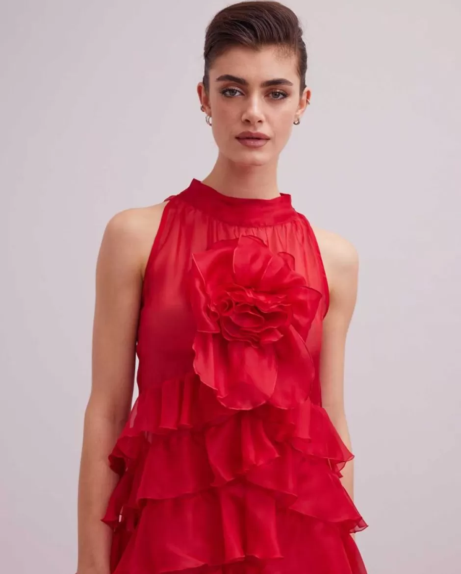 Anne Fontaine Dresses*High-Low Ruffle Dress In Red Organza Silk With Frills Tango Red