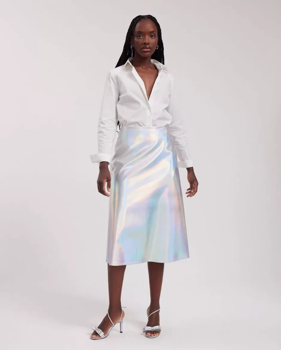 Anne Fontaine Bottoms*Iridescent Metallic A-Line Midi Skirt Silver