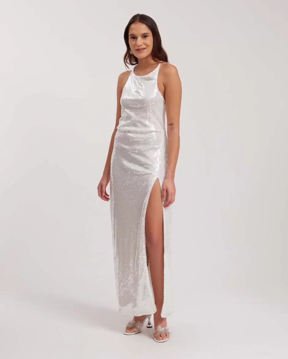 Anne Fontaine Dresses*Iridescent Sequined Halter Dress With Thigh High Slit White