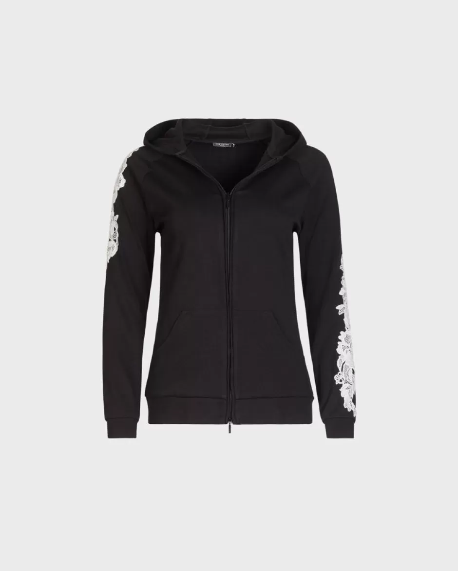 Anne Fontaine Jackets & Coats*Knit Hoodie With White Lace Embroidered Applique Sleeves Black