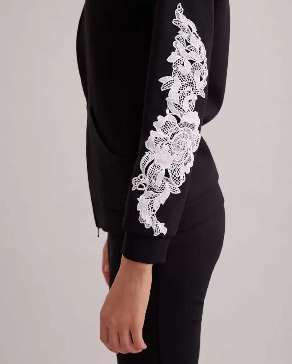 Anne Fontaine Jackets & Coats*Knit Hoodie With White Lace Embroidered Applique Sleeves Black