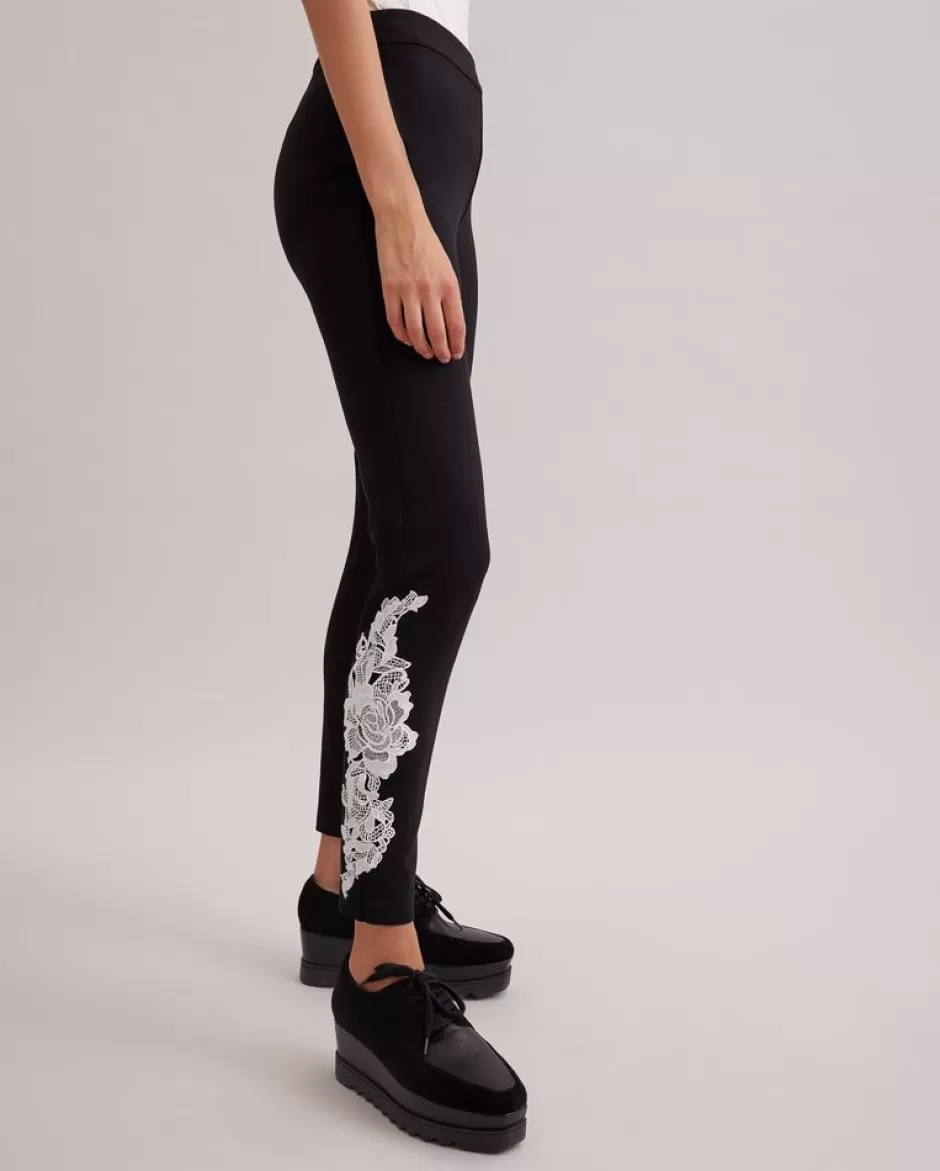 Anne Fontaine Bottoms*Knit Legging With White Lace Applique Black