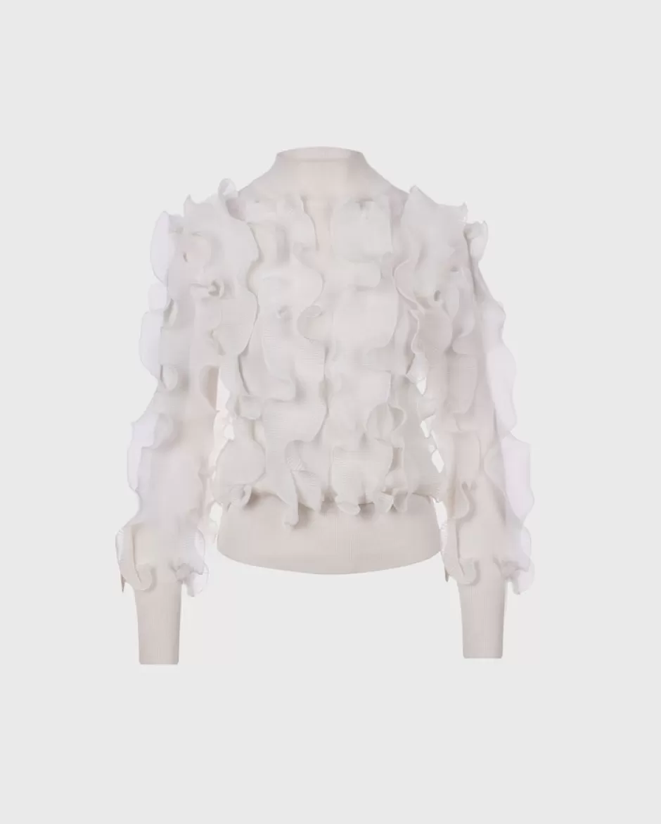 Anne Fontaine Knitwear*Knit Pleated Ruffle Sweater With Mock Neck White