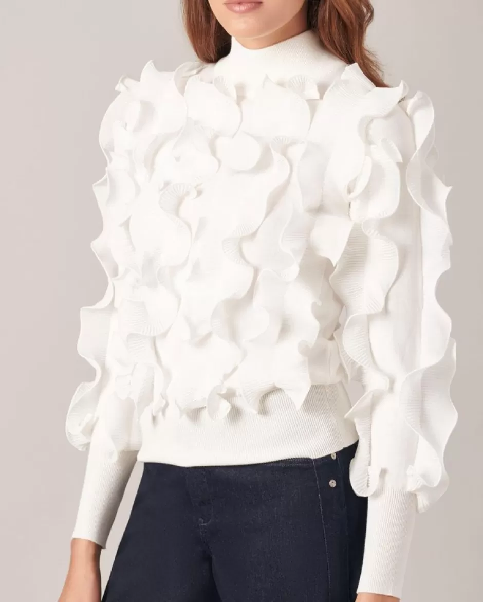 Anne Fontaine Knitwear*Knit Pleated Ruffle Sweater With Mock Neck White