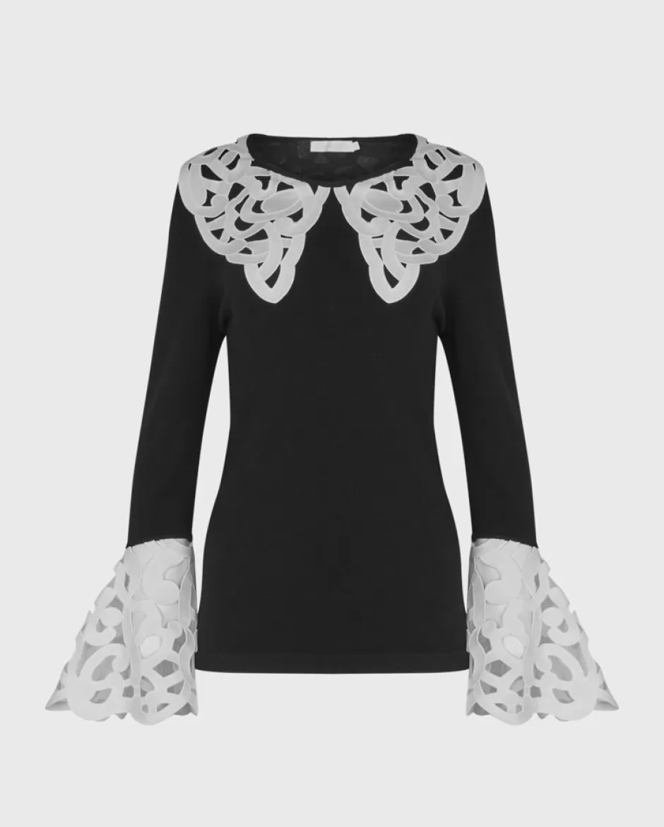 Anne Fontaine Knitwear*Knit Pullover With White Arabesque Collar & Cuffs Black