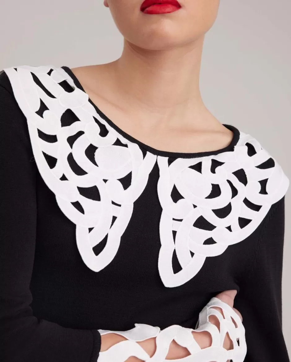 Anne Fontaine Knitwear*Knit Pullover With White Arabesque Collar & Cuffs Black