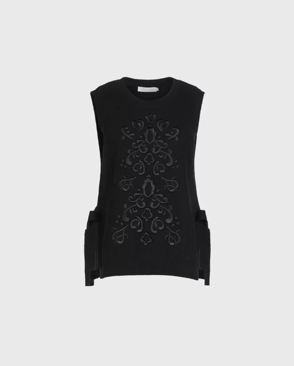 Anne Fontaine Knitwear*Knit Sweater Vest With Embroidered Pattern & High Side Slits Black