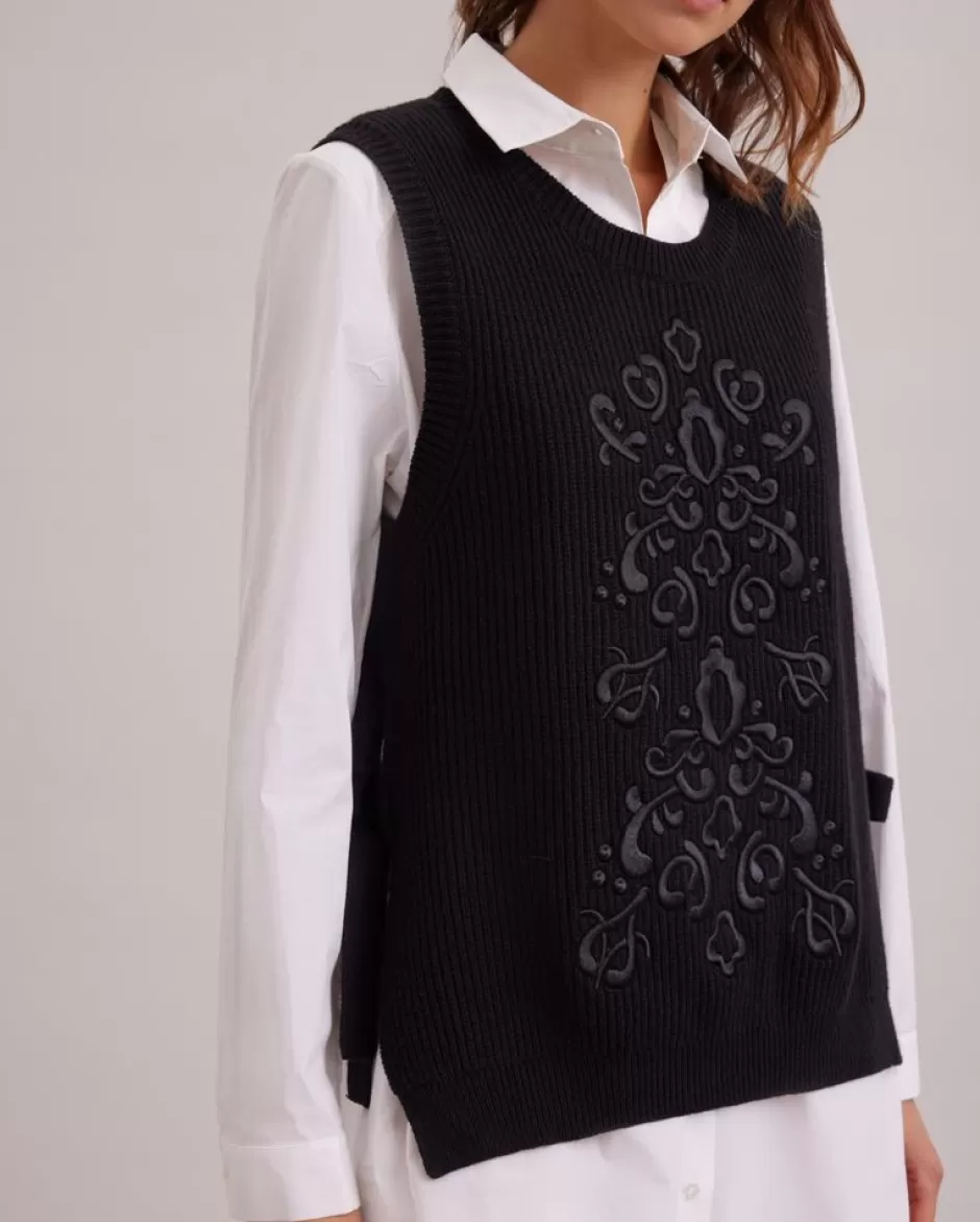 Anne Fontaine Knitwear*Knit Sweater Vest With Embroidered Pattern & High Side Slits Black