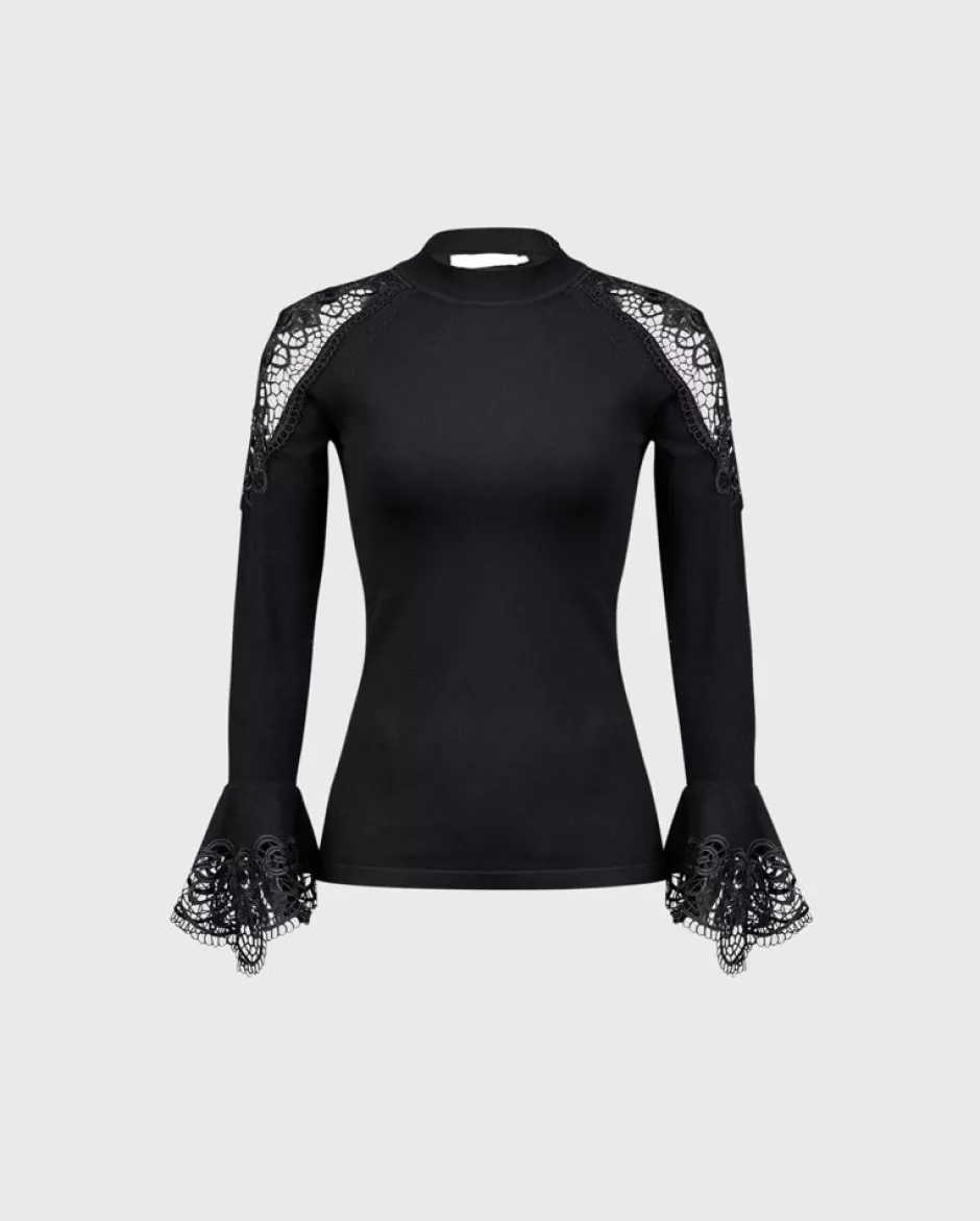 Anne Fontaine Knitwear*Knit Sweater With Sheer Floral Lace Details Black