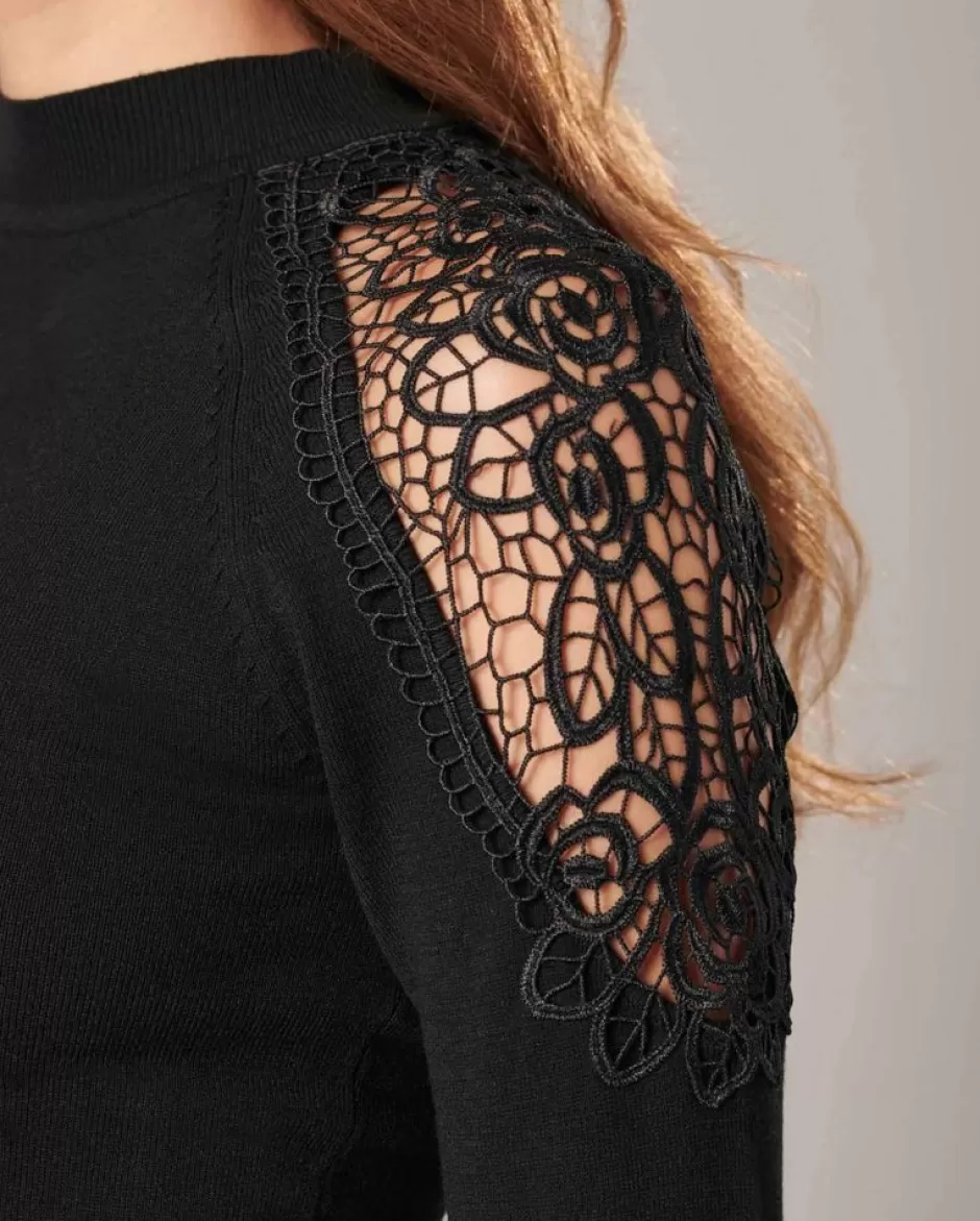 Anne Fontaine Knitwear*Knit Sweater With Sheer Floral Lace Details Black