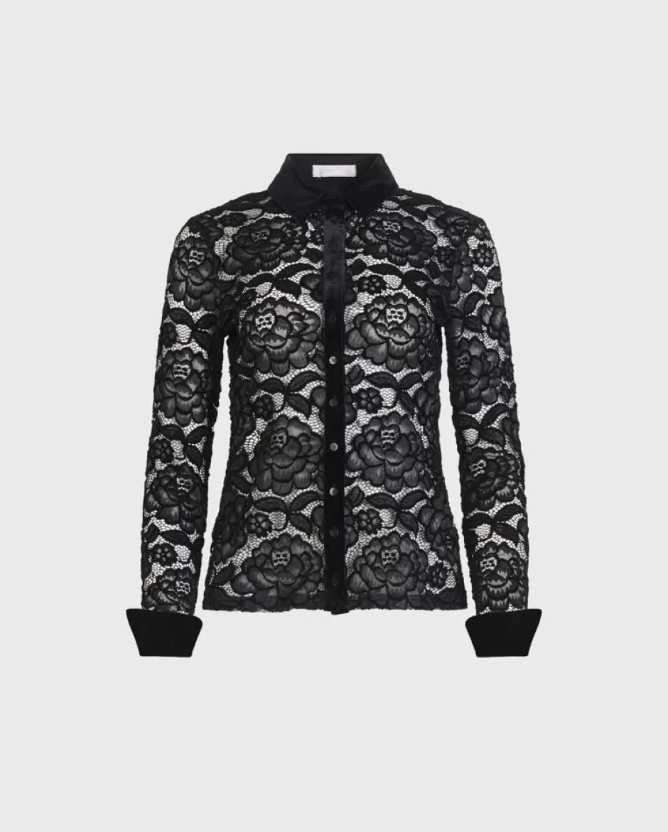 Anne Fontaine Shirts & Blouses*Lace Long Sleeve Shirt With Velvet Trim Detail Black