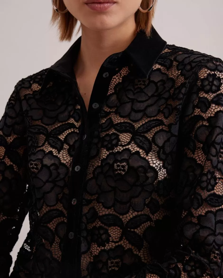 Anne Fontaine Shirts & Blouses*Lace Long Sleeve Shirt With Velvet Trim Detail Black