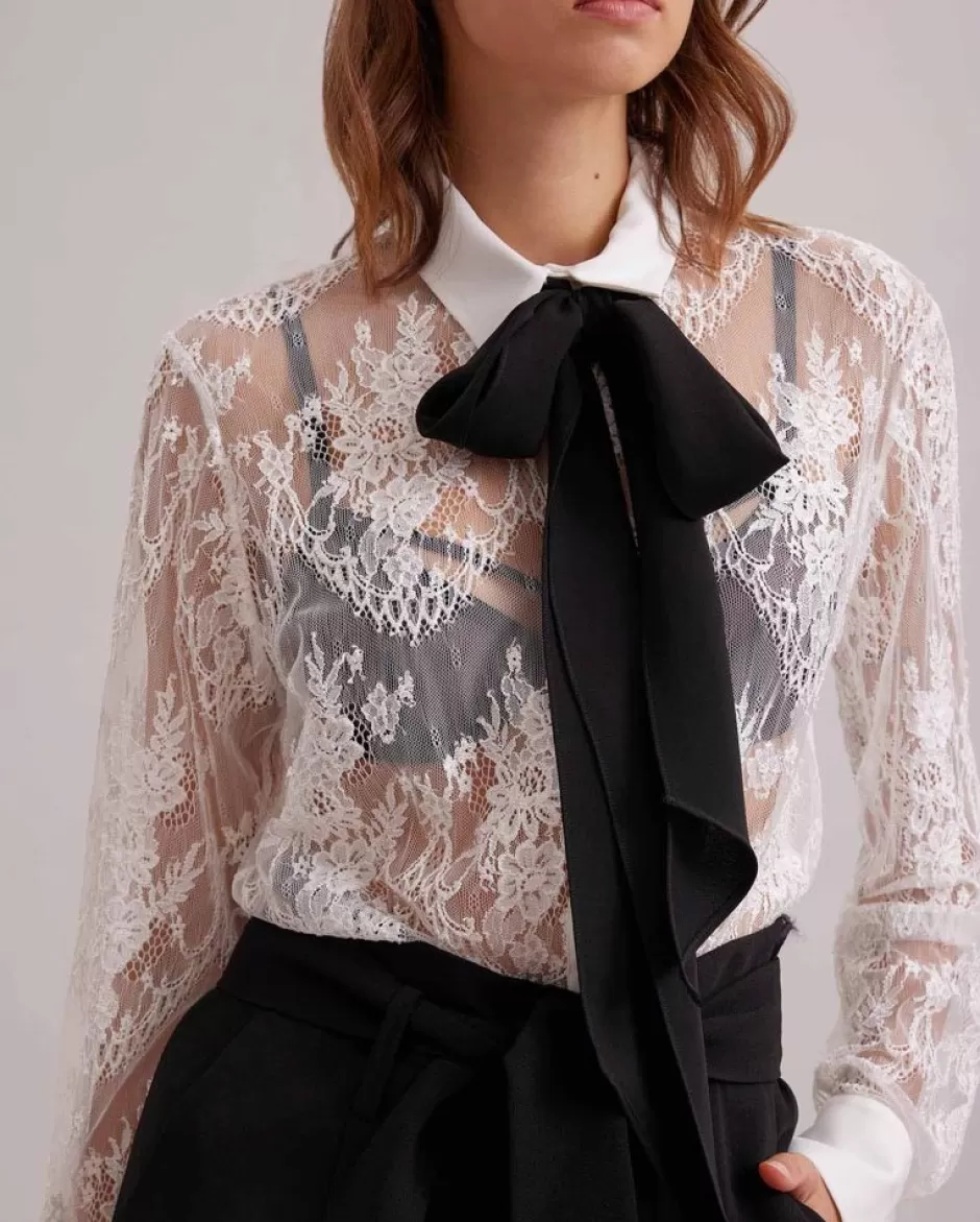 Anne Fontaine The White Shirt*Lace Shirt With A Removable Big Black Neck Tie White