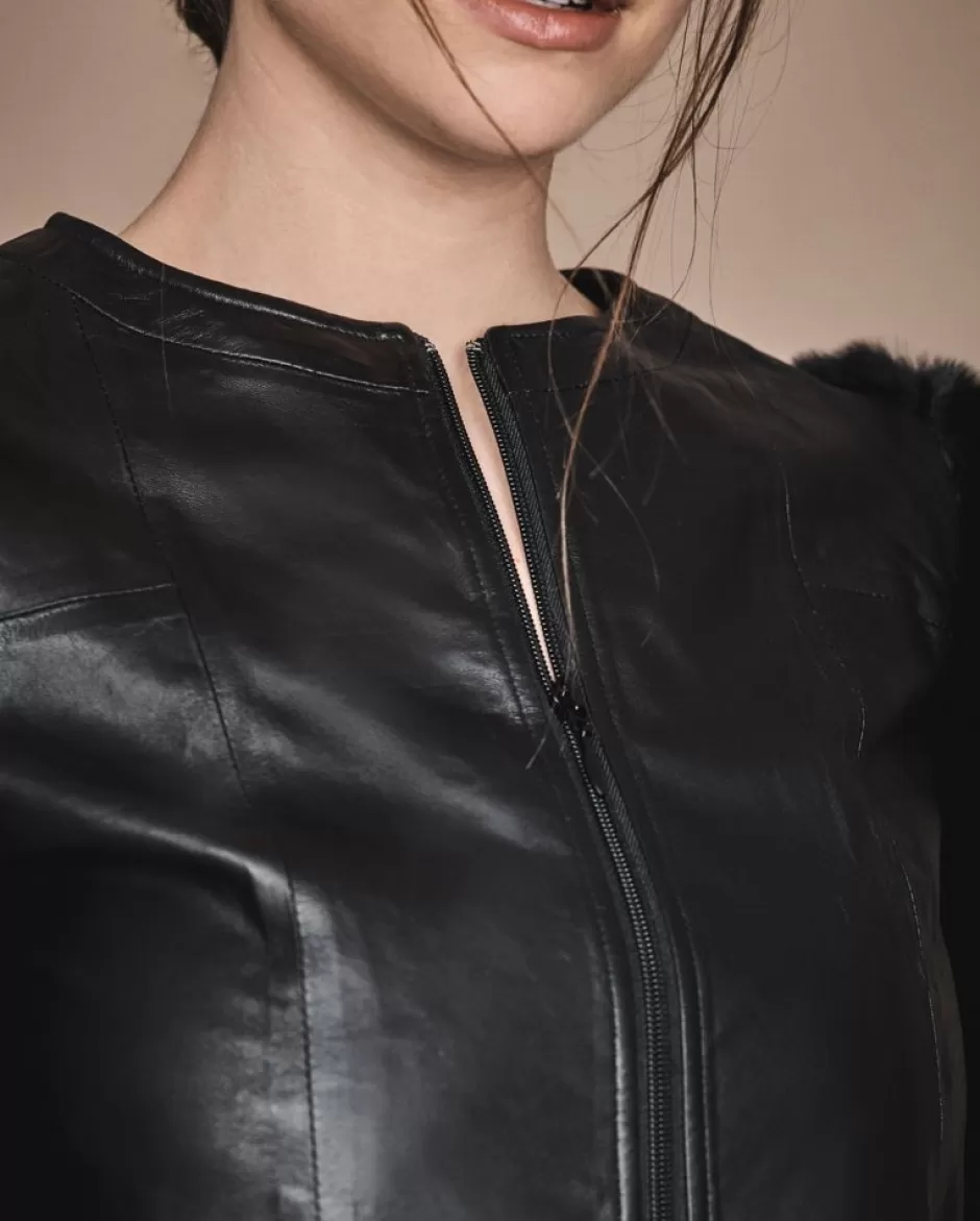 Anne Fontaine Jackets & Coats*Leather And Fur Cropped Jacket Black