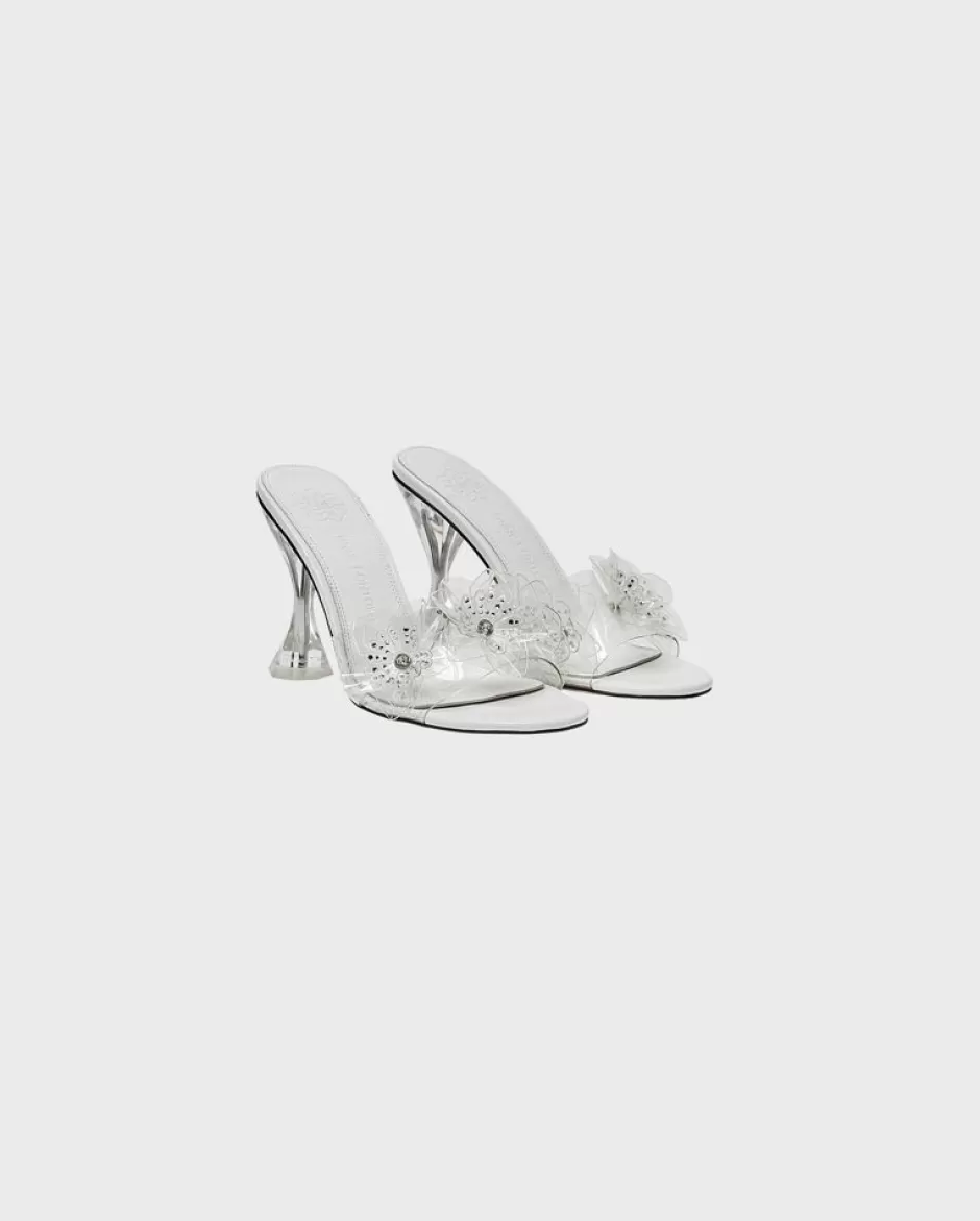 Anne Fontaine Heels*Leather Clear Strap Heels With Rhinestone Floral Details White