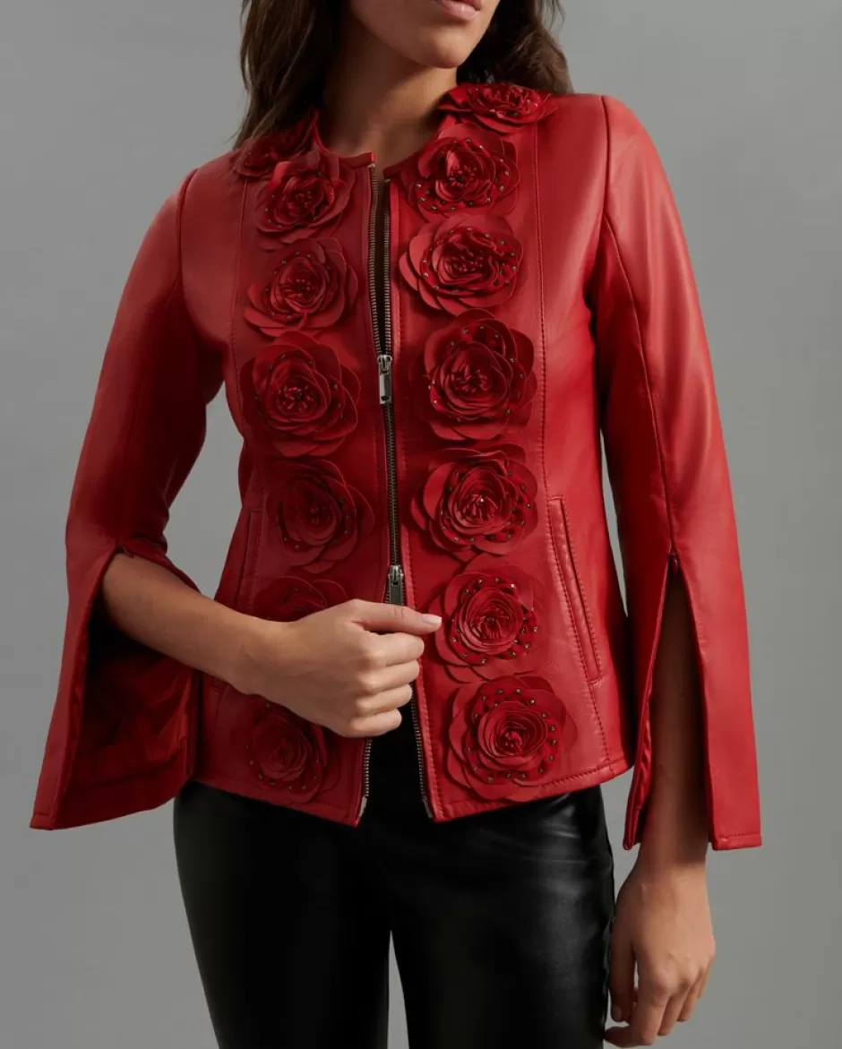 Anne Fontaine Jackets & Coats*Leather Jacket With Floral Detailing Red