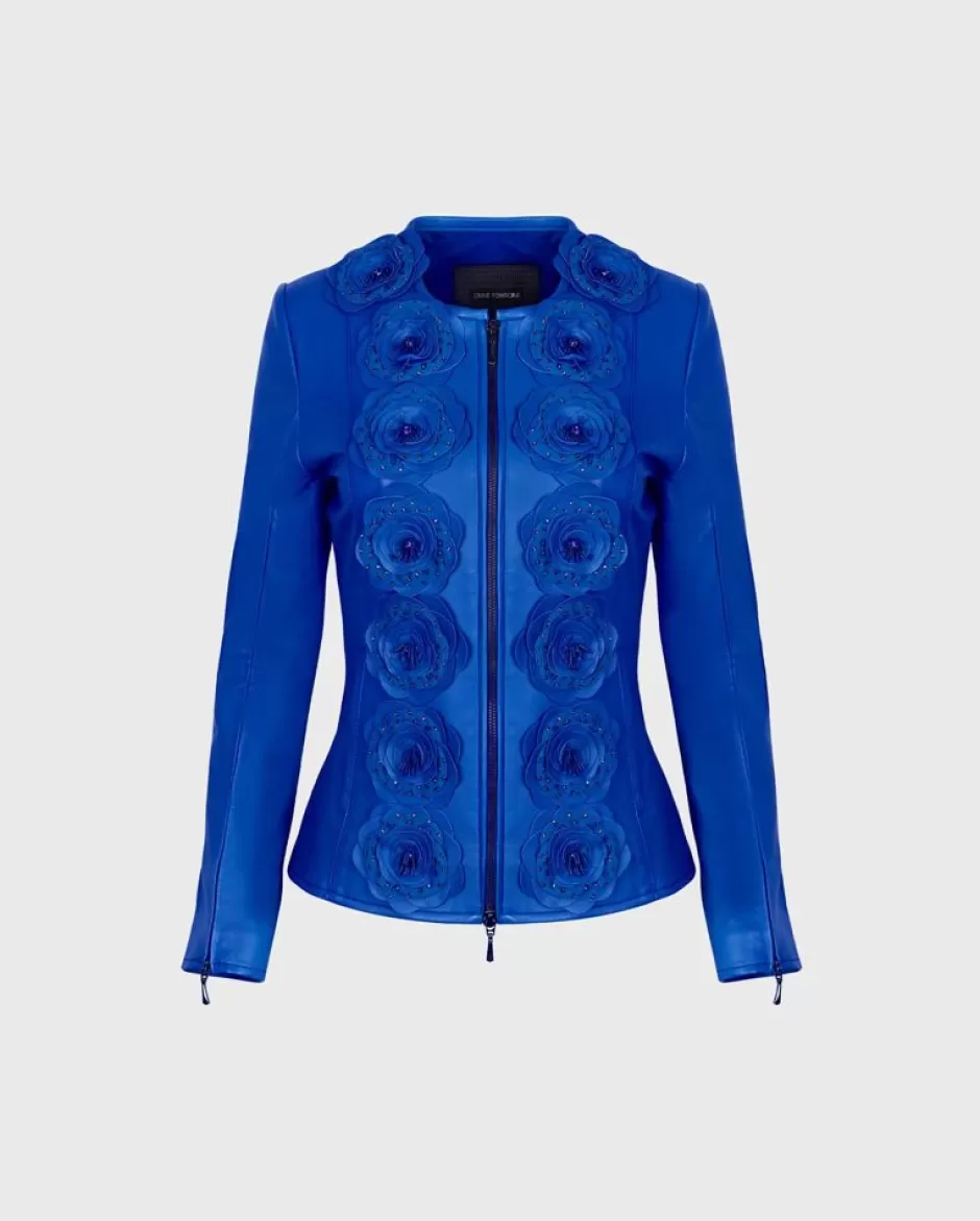 Anne Fontaine Jackets & Coats*Leather Jacket With Flower Applique Blue