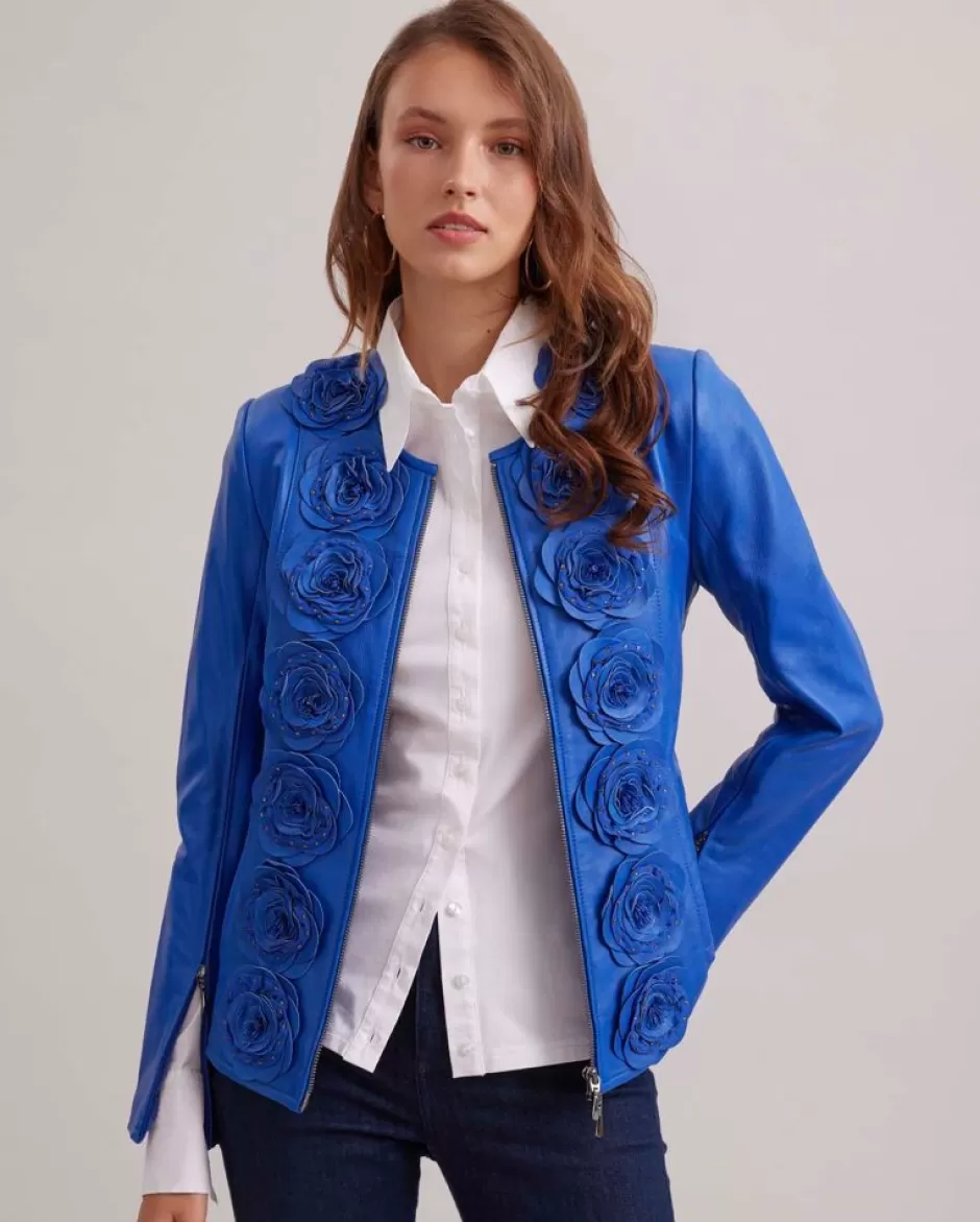 Anne Fontaine Jackets & Coats*Leather Jacket With Flower Applique Blue