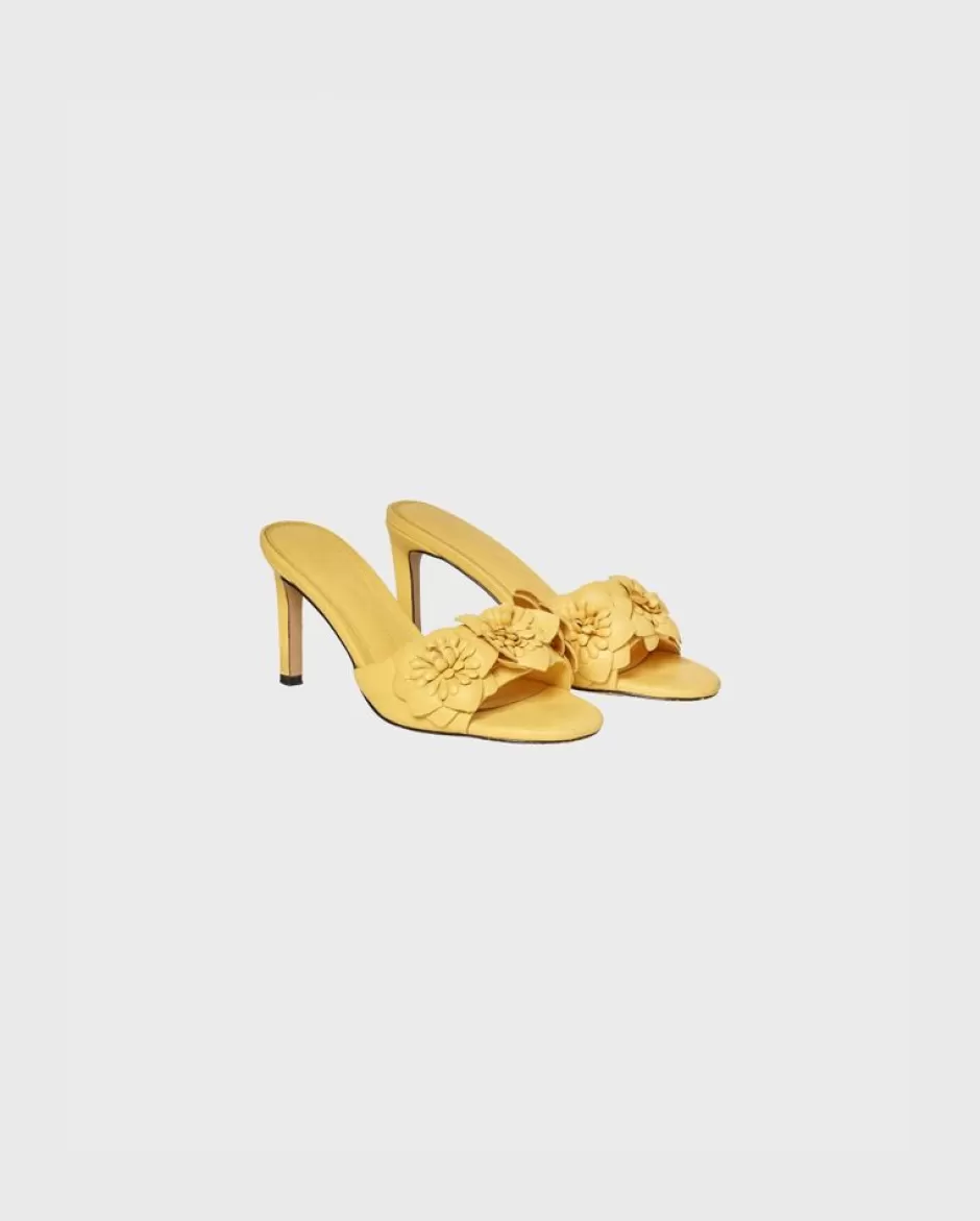 Anne Fontaine Heels*Leather Sandal Heels With 3D Flowers In Mimosa Yellow