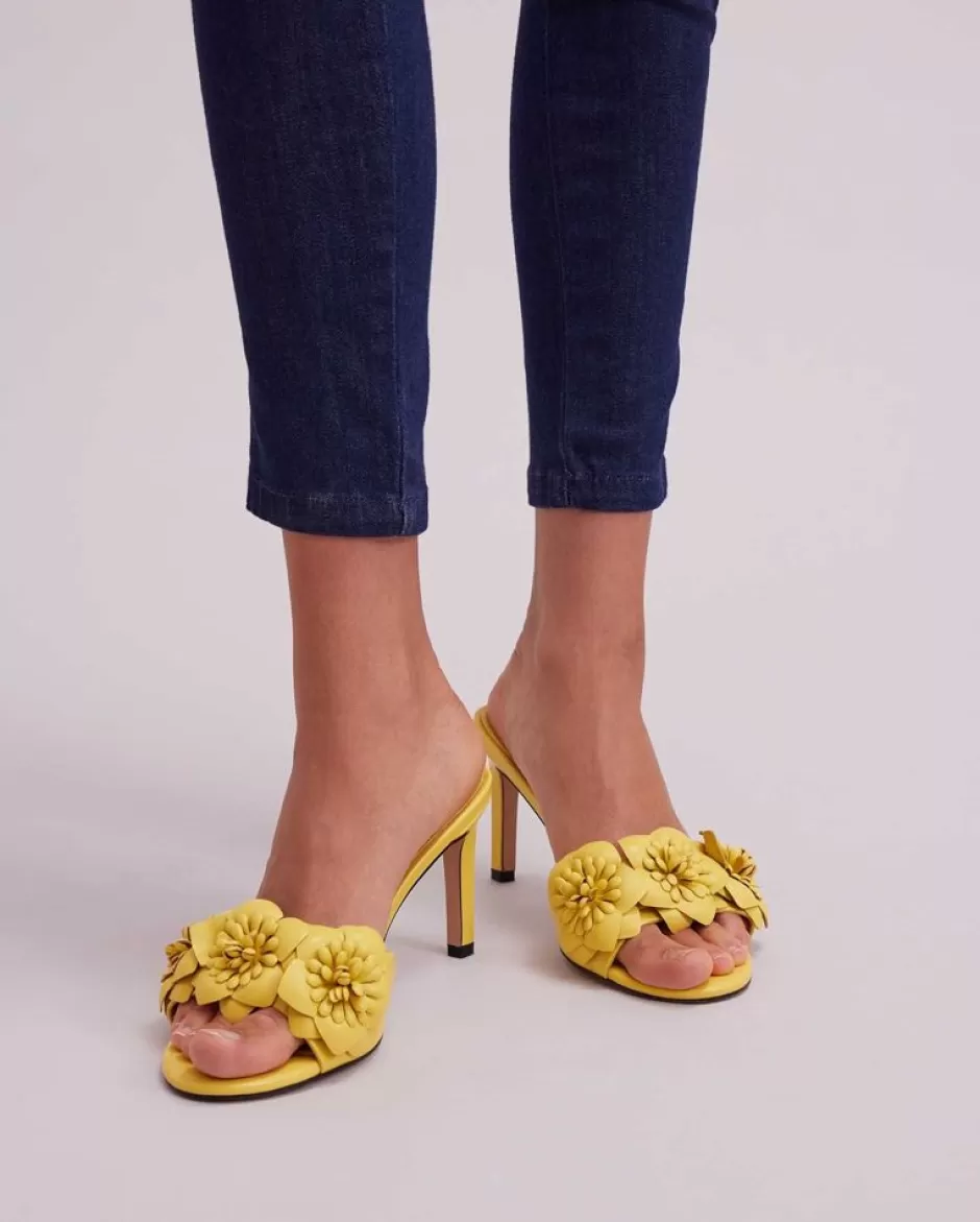 Anne Fontaine Heels*Leather Sandal Heels With 3D Flowers In Mimosa Yellow