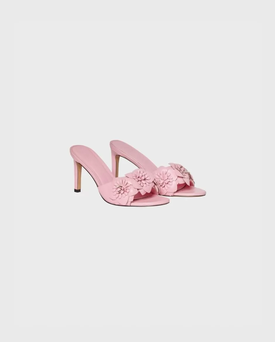 Anne Fontaine Heels*Leather Sandal Heels With 3D Flowers In Petal Pink