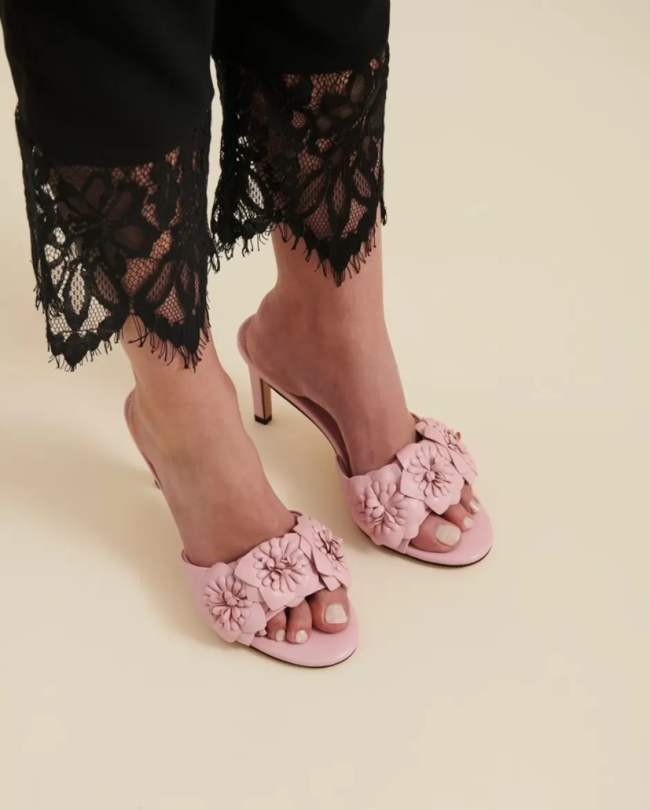 Anne Fontaine Heels*Leather Sandal Heels With 3D Flowers In Petal Pink