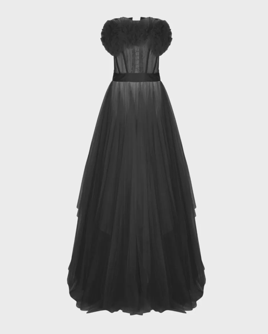 Anne Fontaine Dresses*Long Corset Tulle Dress, Strapless With A Satin Waistband Black