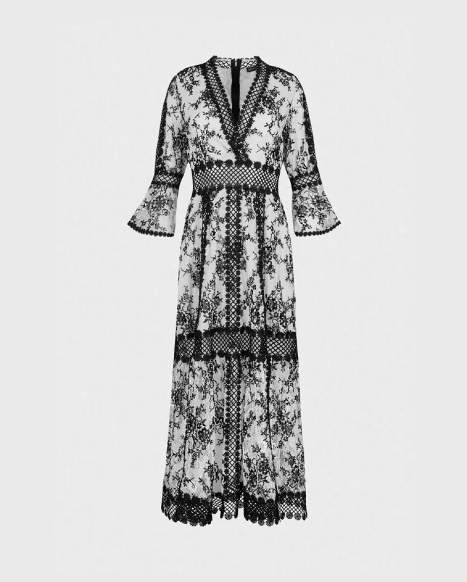 Anne Fontaine Dresses*Long Floral Lace Dress With Ruffle Sleeves & Daisy Lattice Trims Black/White