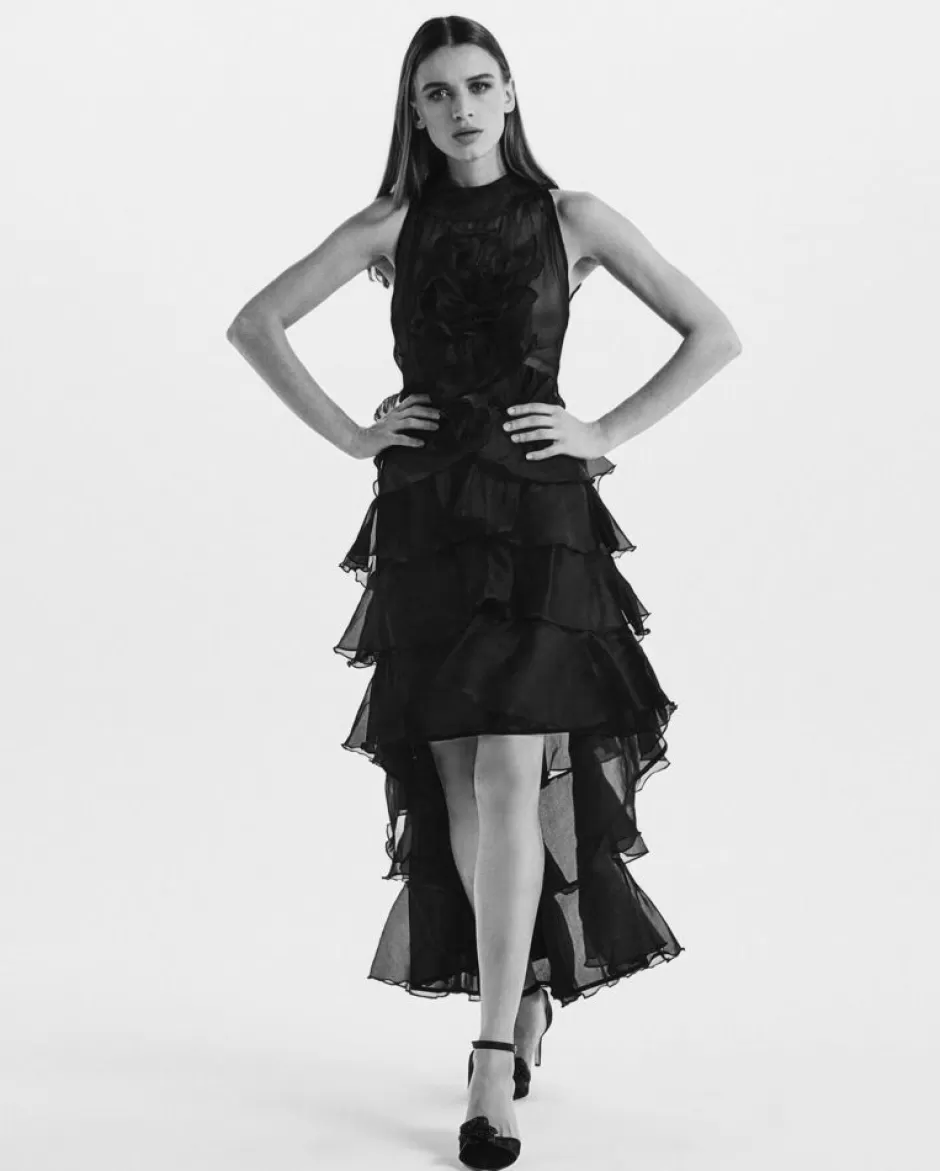 Anne Fontaine Dresses*Long High-Low Silk Organza Dress With Frills Black