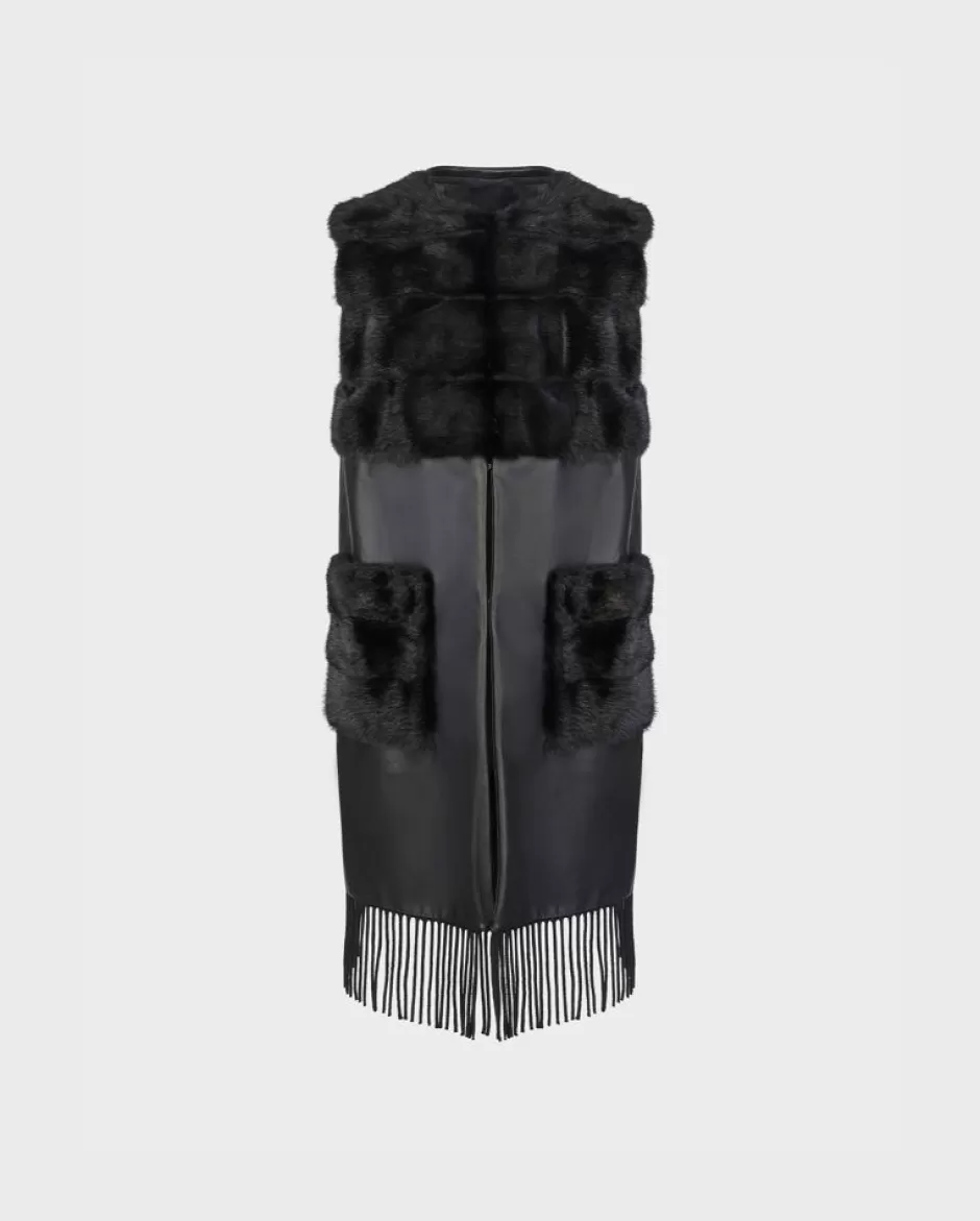 Anne Fontaine Jackets & Coats*Long Leather Vest With Fur Neckline & Fringe Trims Black