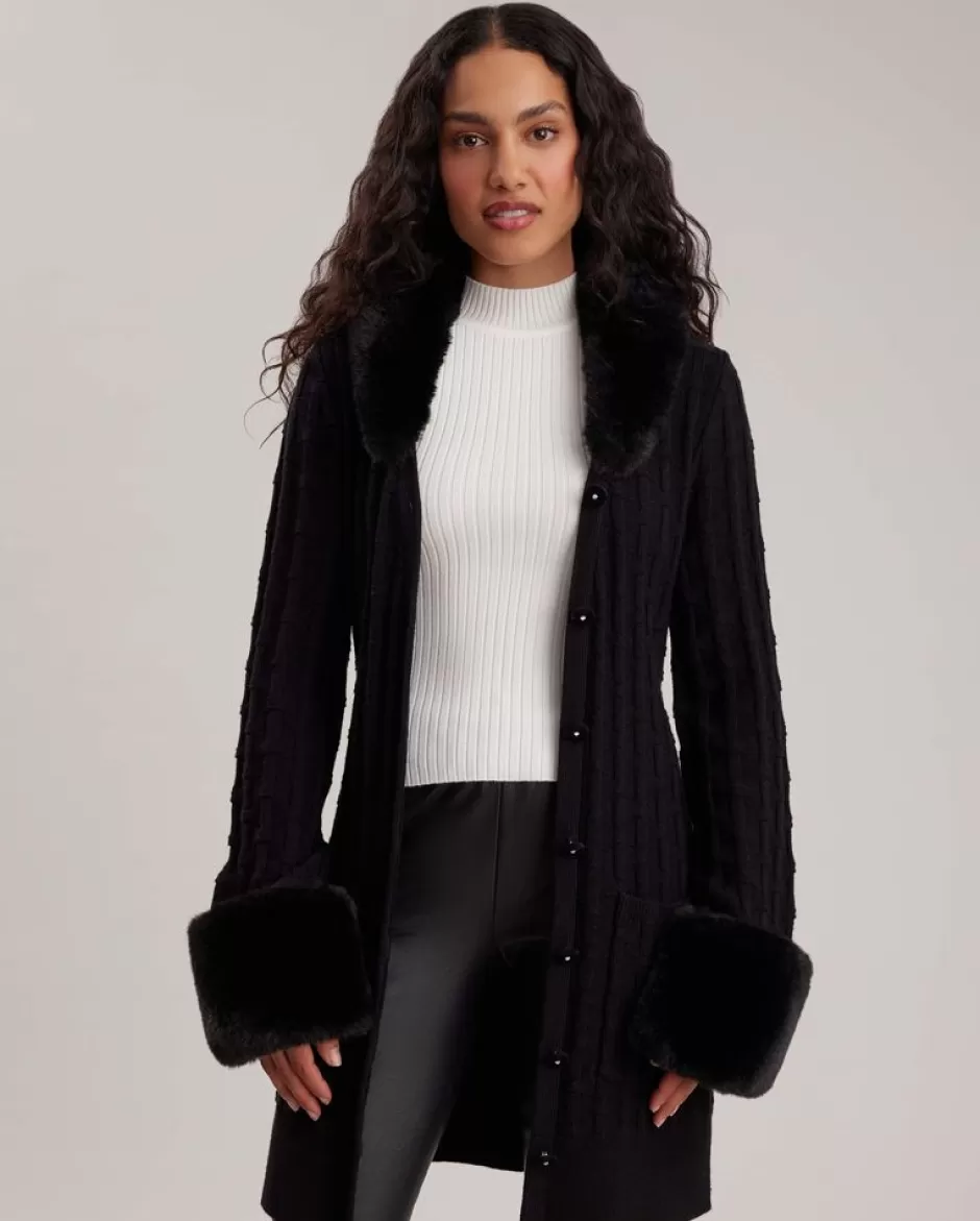 Anne Fontaine Knitwear*Long Length Wool Blend Cardigan With Velvet And Crystal Snaps Black