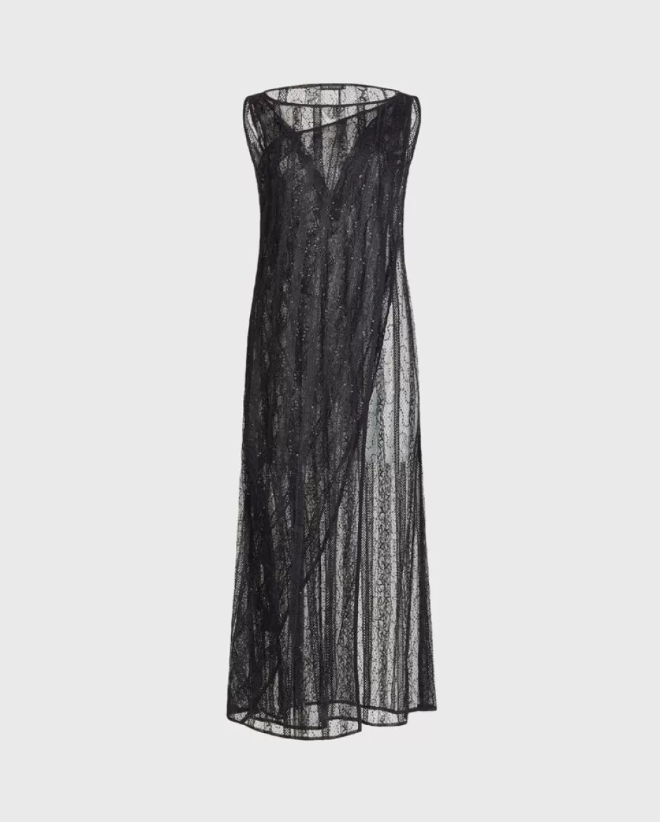 Anne Fontaine Dresses*Long Mesh Dress With Vertical Lattice & Tonal Sequins Black