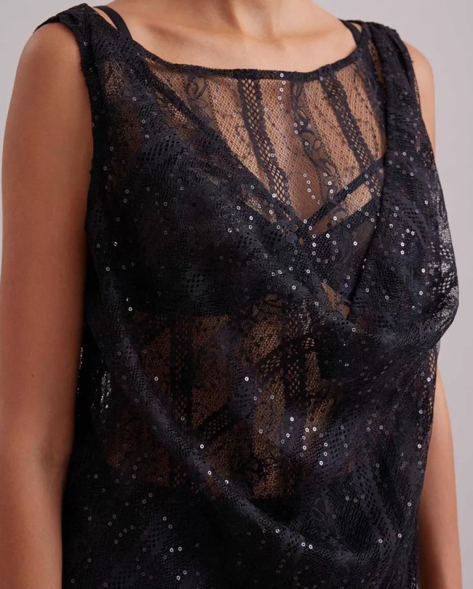 Anne Fontaine Dresses*Long Mesh Dress With Vertical Lattice & Tonal Sequins Black