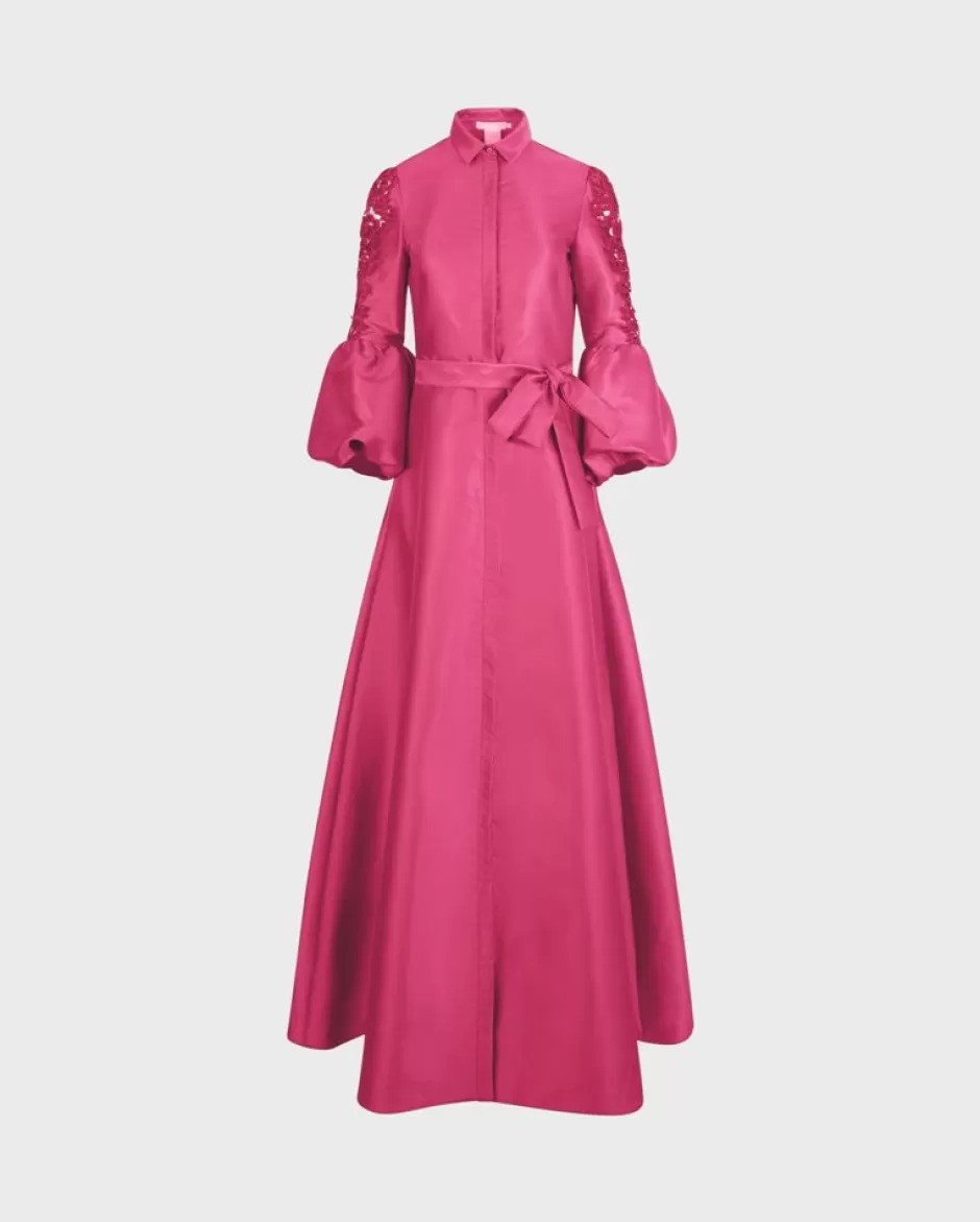 Anne Fontaine Dresses*Long Satin Dress With Lace Puff Sleeves Fuchsia