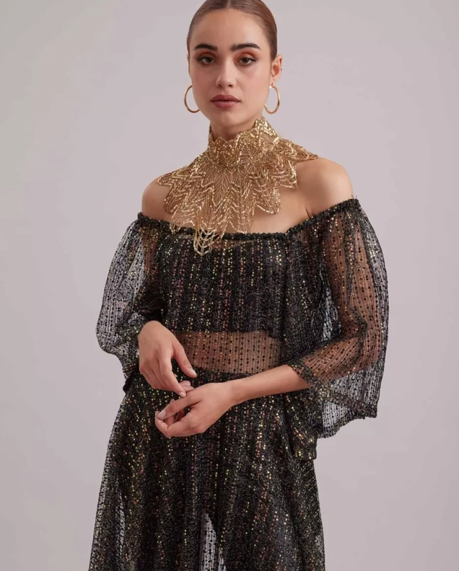 Anne Fontaine Dresses*Long Sheer Net Embroidered Dress With Iridescent Sequins Black