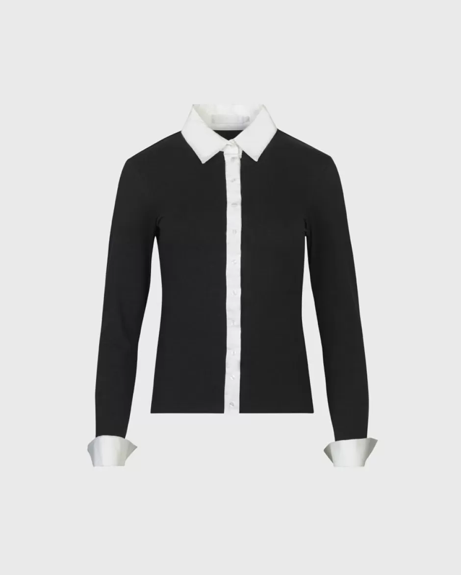 Anne Fontaine Shirts & Blouses*Long Sleeve Black Jersey Shirt With Contrasting White Collar And Cuffs Black/White