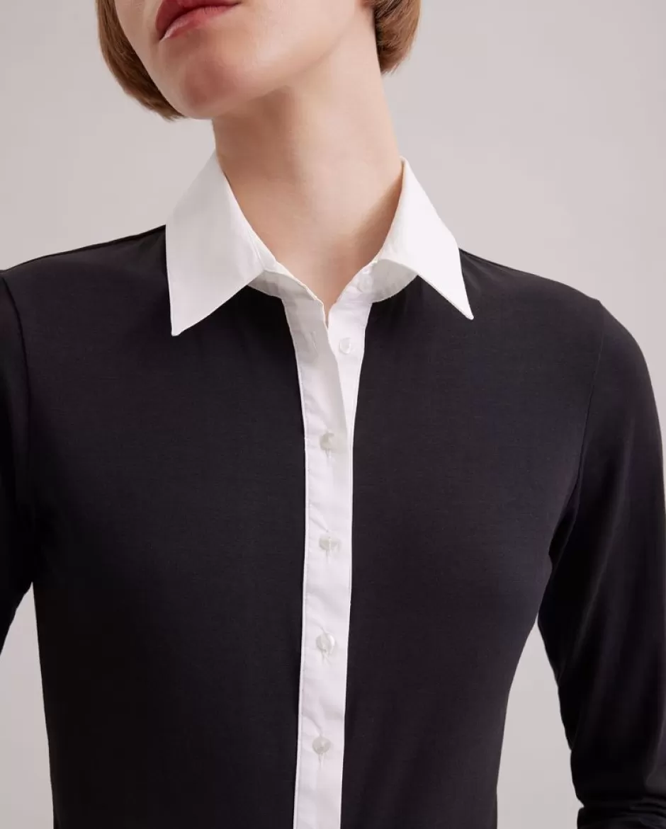 Anne Fontaine Shirts & Blouses*Long Sleeve Black Jersey Shirt With Contrasting White Collar And Cuffs Black/White