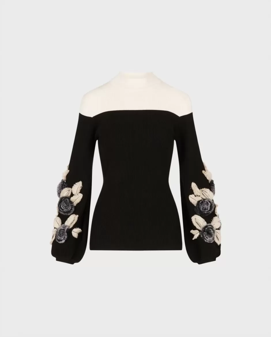 Anne Fontaine Knitwear*Long Sleeve Black Knit With Oversized Floral Details Black/White