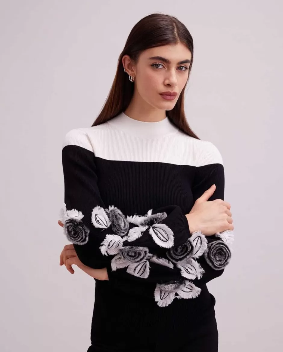 Anne Fontaine Knitwear*Long Sleeve Black Knit With Oversized Floral Details Black/White