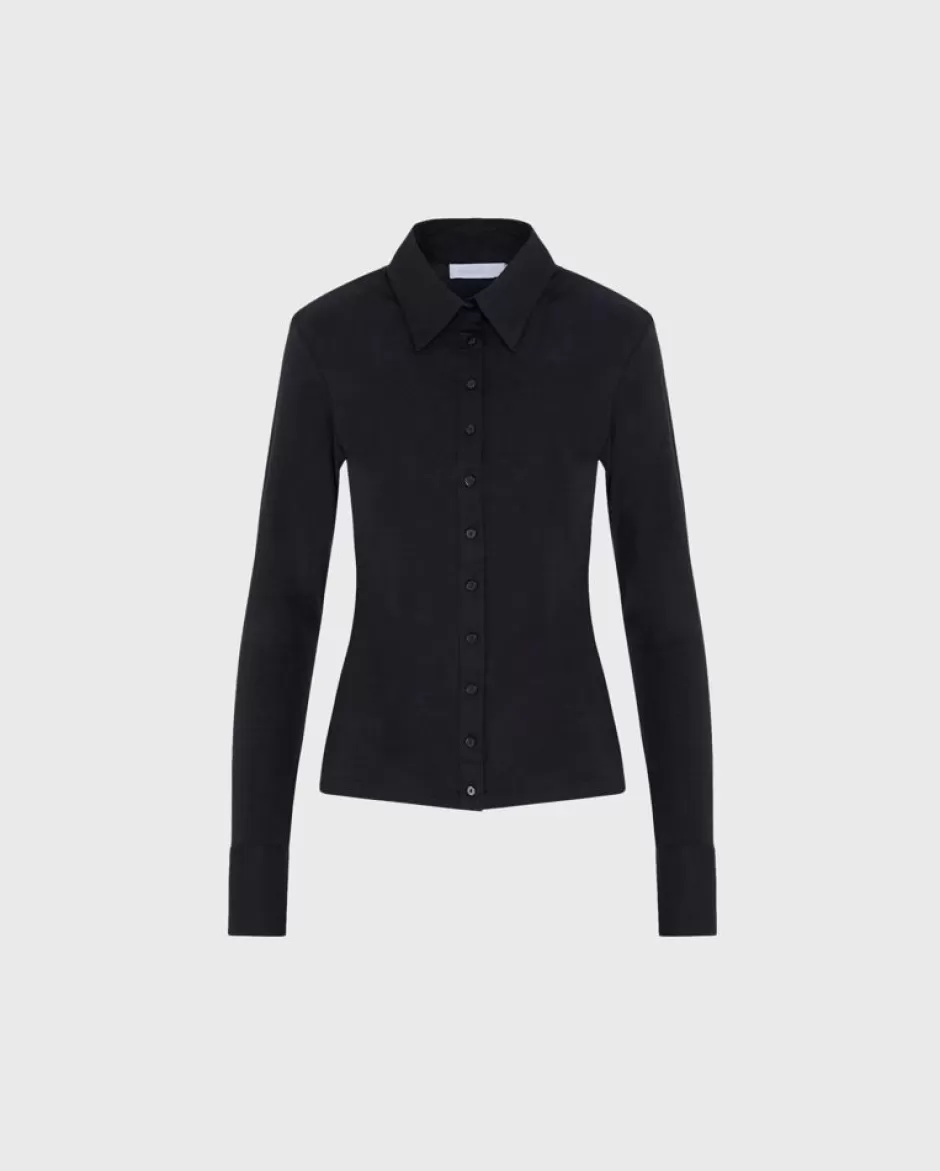 Anne Fontaine Shirts & Blouses*Long Sleeve Collared Jersey Shirt With Cufflinks Black