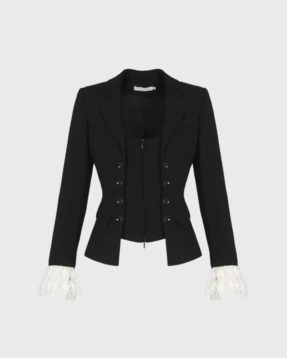 Anne Fontaine Jackets & Coats*Long Sleeve Crepe Jacket In With Lace Cuff Detailing Black