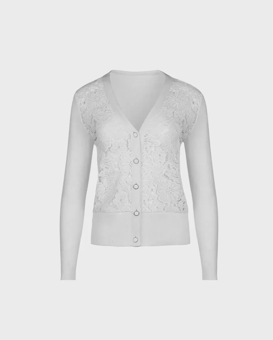 Anne Fontaine Knitwear*Long Sleeve Floral Lace Cardigan With Ribbed Knit Trims White