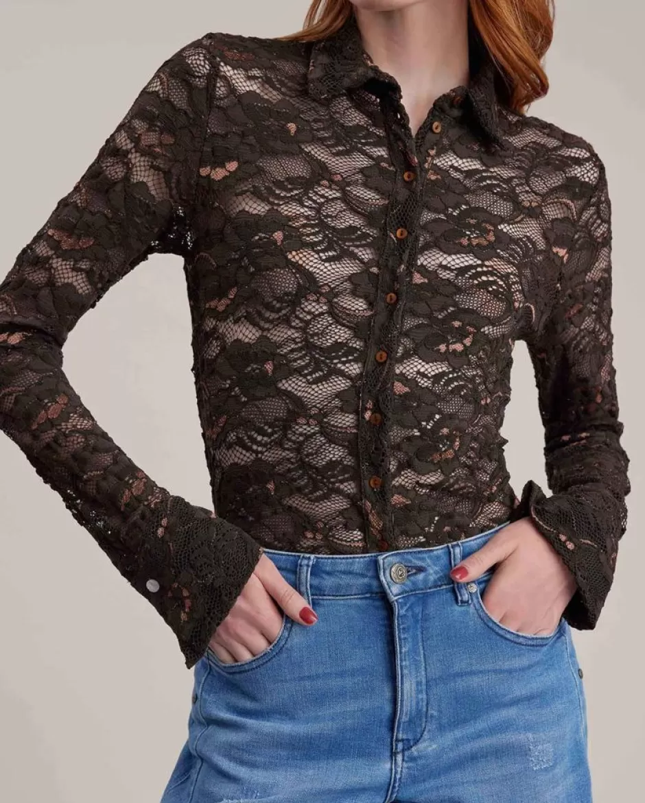 Anne Fontaine Shirts & Blouses*Long Sleeve Floral Lace Shirt Brown