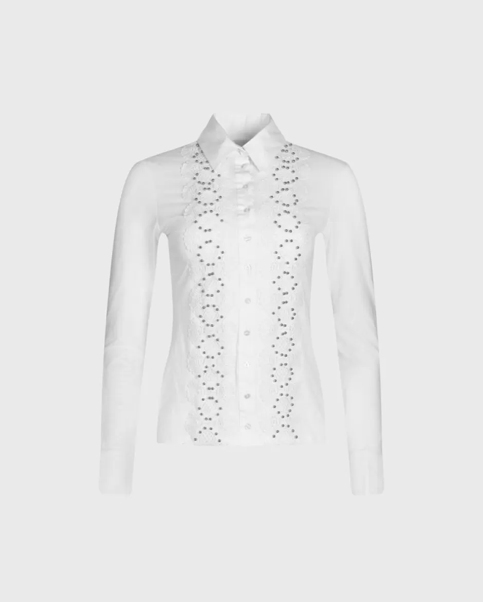 Anne Fontaine The White Shirt*Long Sleeve Jersey Knit Shirt With Lace Applique And Silver Beads White